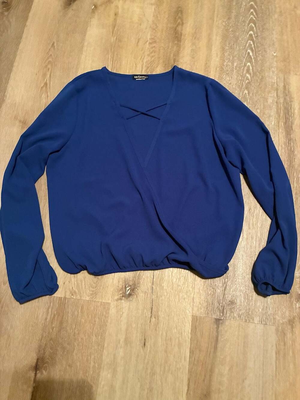 Top Fashion of NY Long Sleeve Surplice Blouse Blue